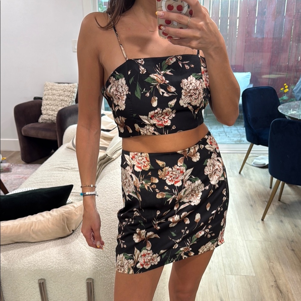 Black and Pink Mini Floral Skirt Set
